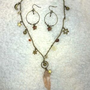 Rose Quartz Crystal Charm Necklace & Hoop Earrings